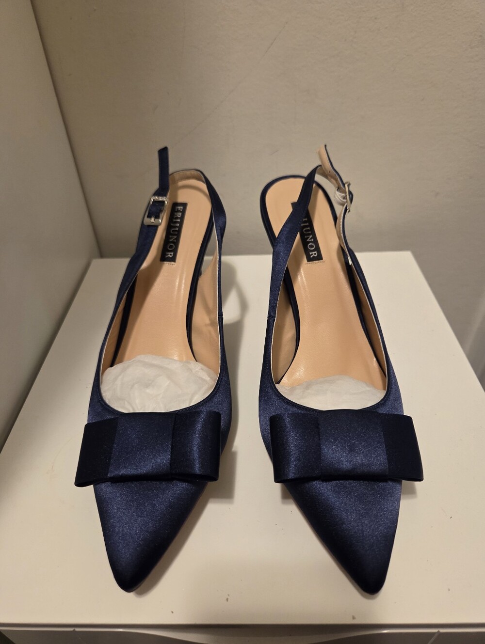 Navy Satin Pointed Slingback Pumps with Bow. Size 8M.